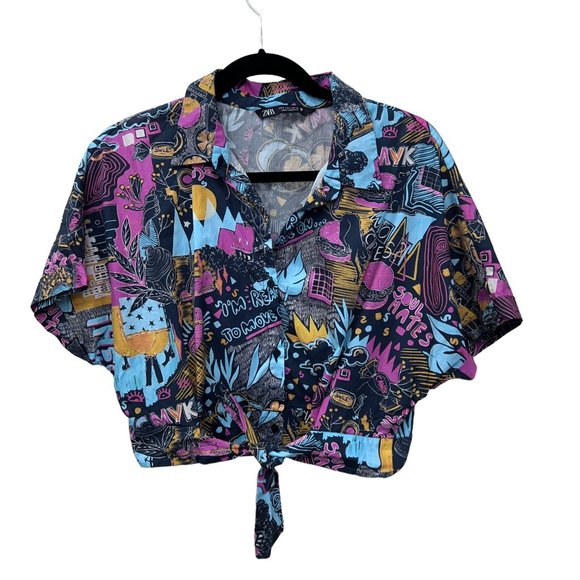Zara comic print short sleeve tie front button down‎  Size: S - Picture 1 of 7